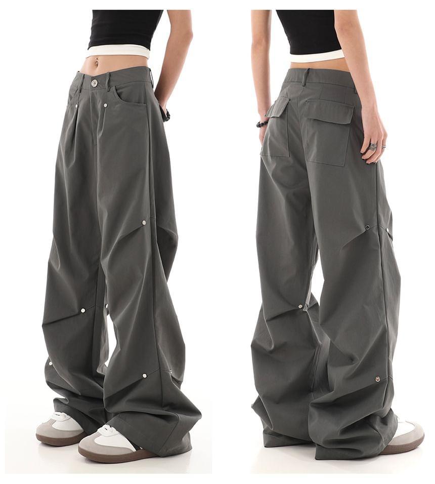 Plain Wide-Leg Cargo Pants Product Image