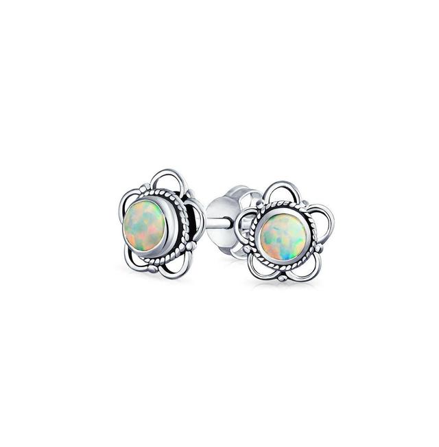 Bling Jewelry Bali Indonesian Tiny Open Genuine Gemstone Flower Stud Earrings For Women Teens Oxidized .925 Sterling Silver October Birthstone - Product Image