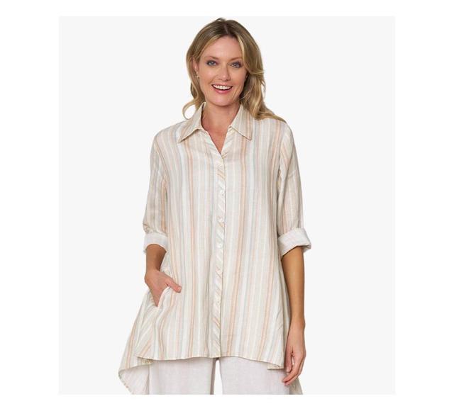 Stella Carakasi Womens Striped Linen Long Sleeve Collared V-Neck True Form Shirt Product Image