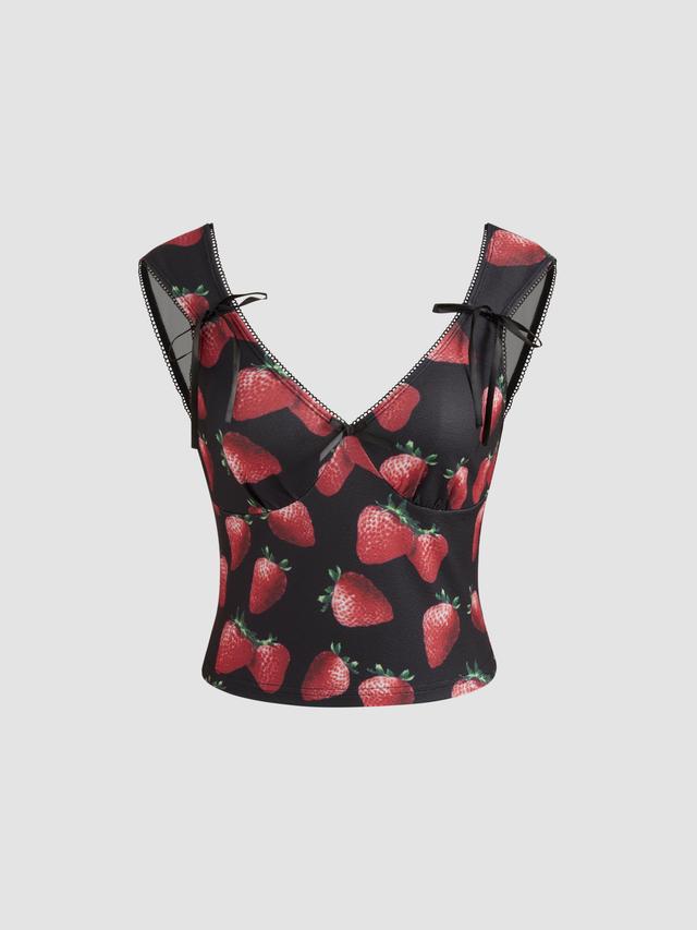 V-neck Strawberry Print Bowknot Crop Tank Top Product Image