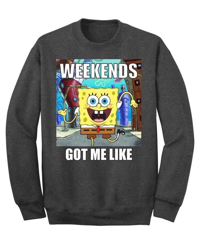 Mens SpongeBob Weekends Got Me Like Crew Fleece Sweatshirt Product Image