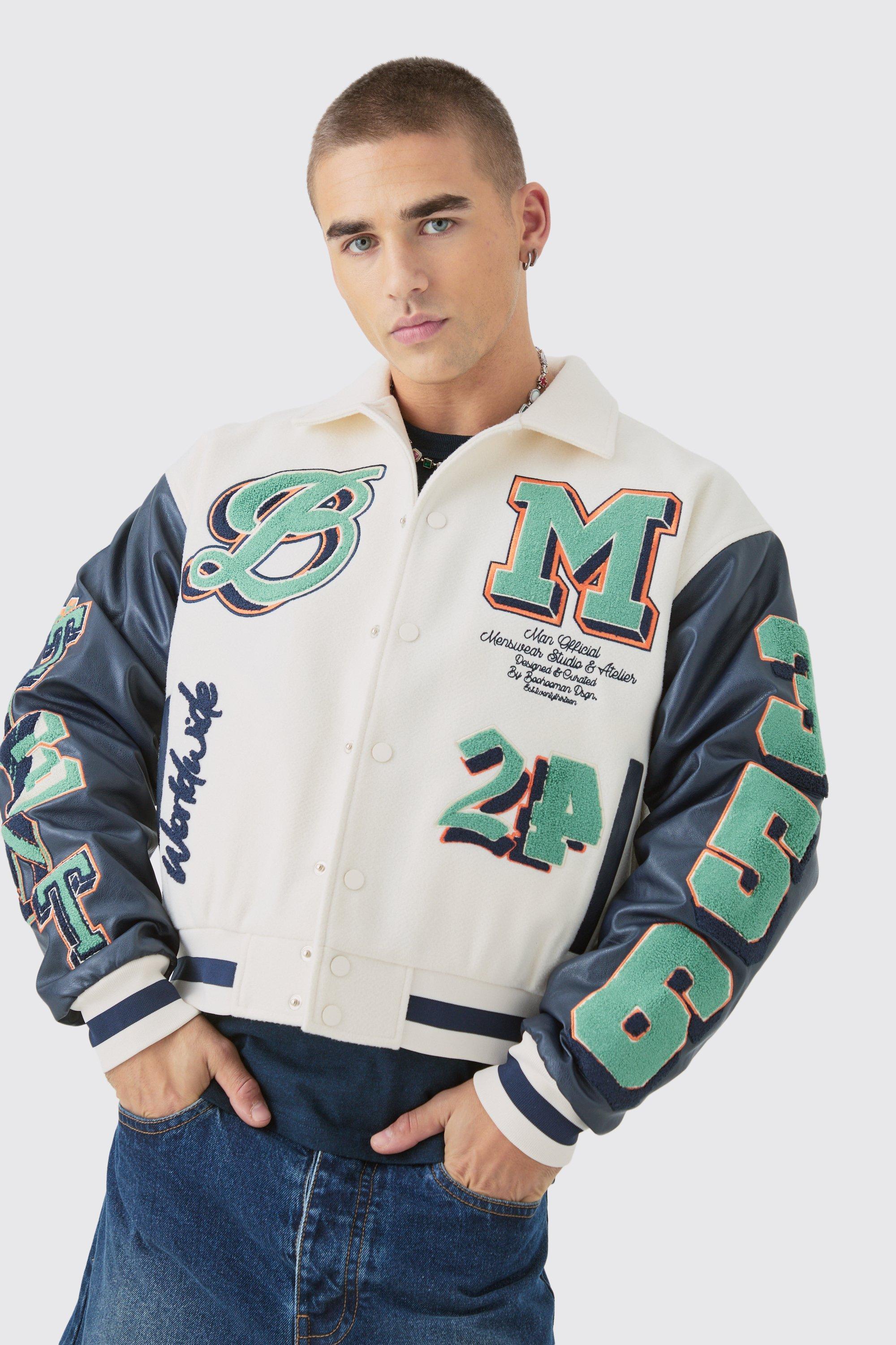 Mens Cream Boxy BM Badge Collared Varsity Jacket In Ecru, Cream Product Image