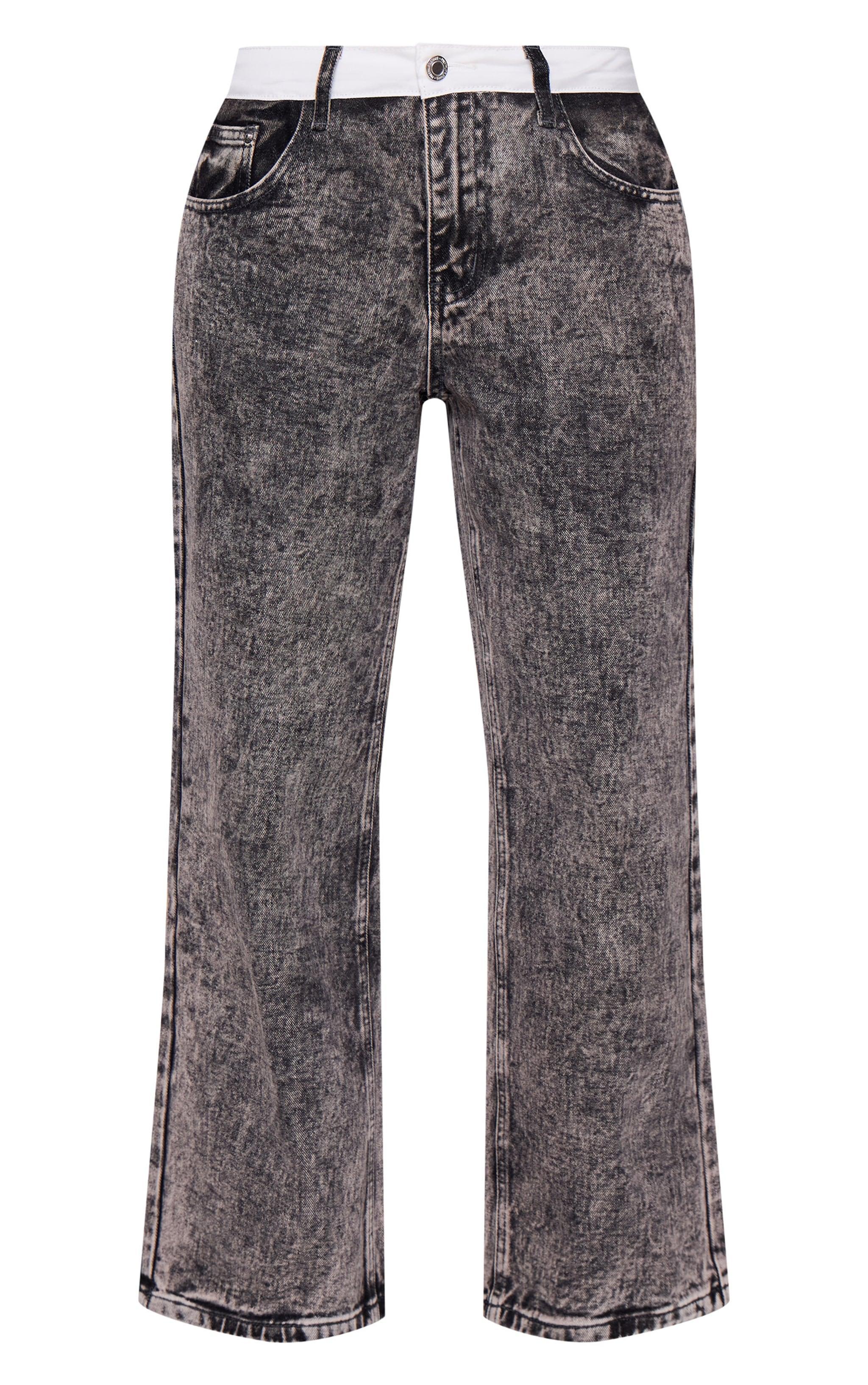 Petite Washed Grey Contrast Waistband Denim Jeans Product Image