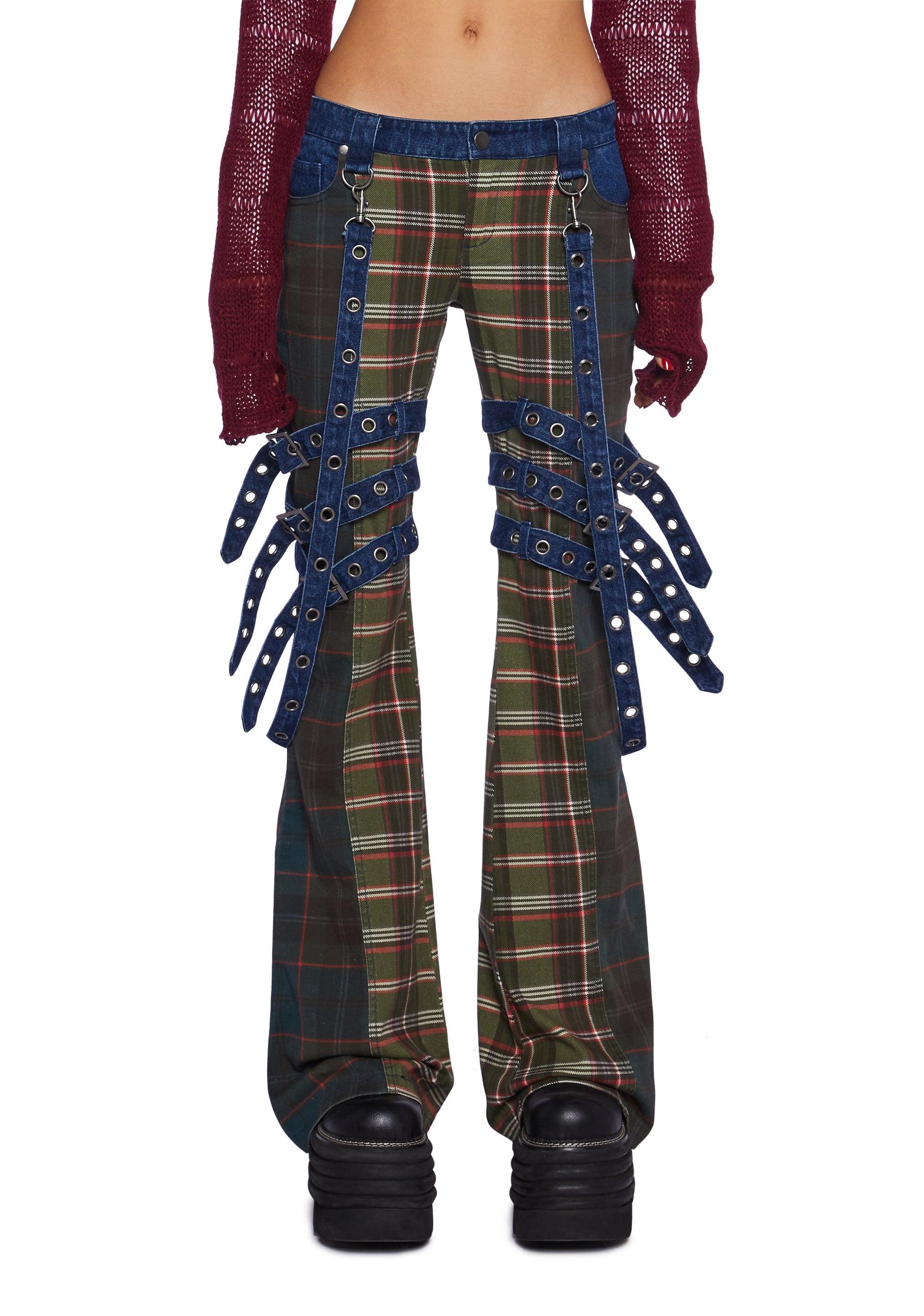 Current Mood Punquetee Punk Rock Plaid Twill Denim Strappy Flare Jeans - Multi Product Image