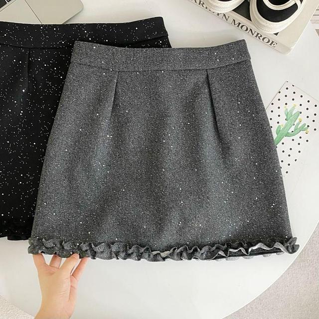 High Waist Lace Trim Glitter Mini A-Line Skirt Product Image