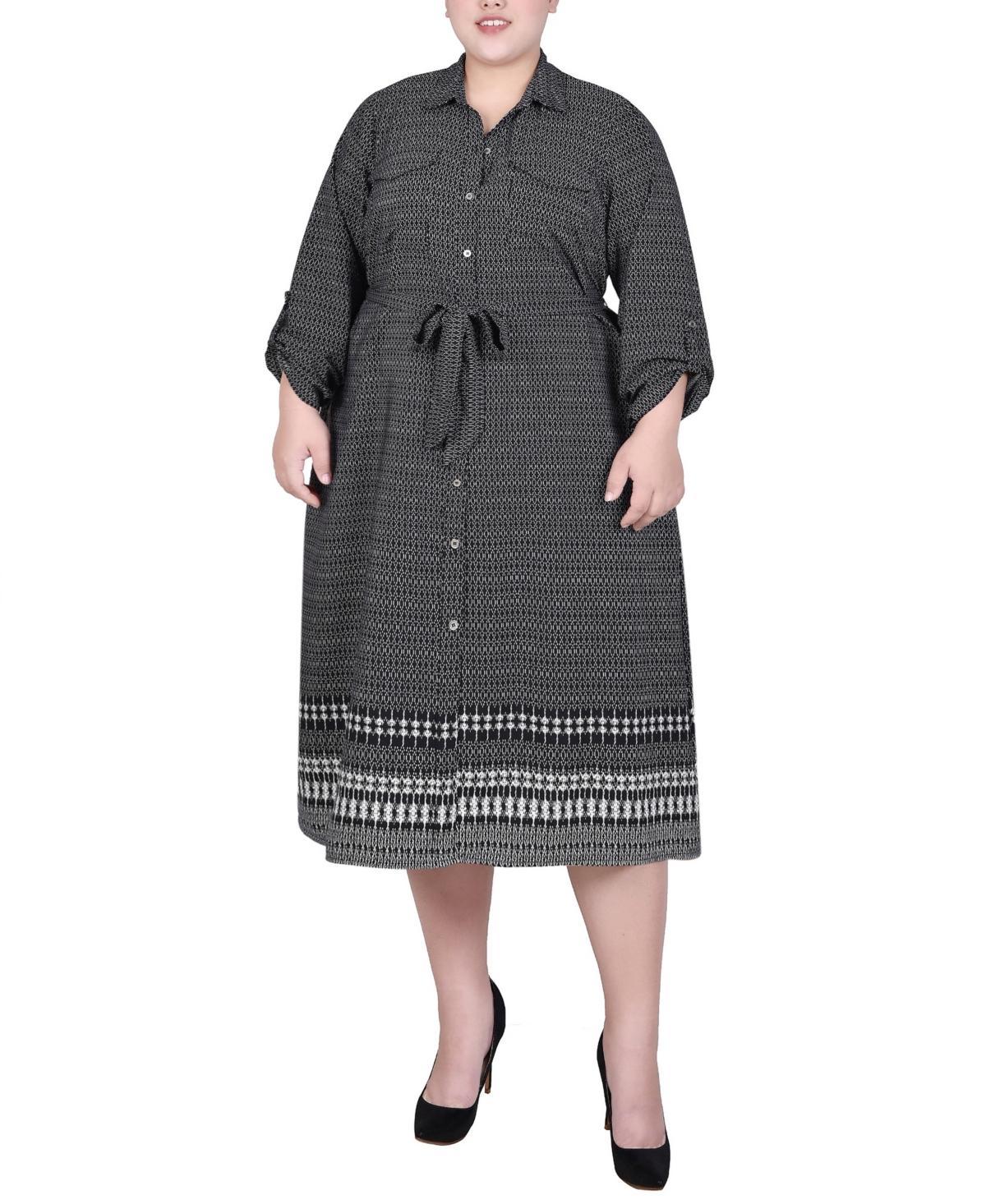 Ny Collection Plus Size 3/4 Roll Tab Sleeve Belted Shirtdress Product Image