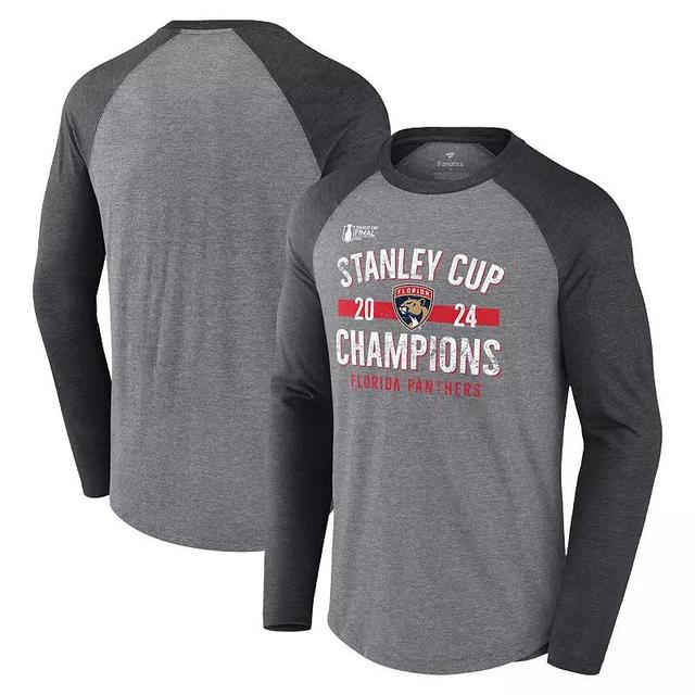 Mens Fanatics Heather Gray Florida Panthers 2024 Stanley Cup Champions Throwback Tri-Blend Raglan Long Sleeve T-Shirt Product Image