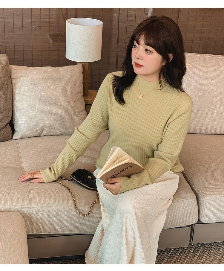 Long Sleeve Mock Neck Plain Ribbed Knit Top Product Image