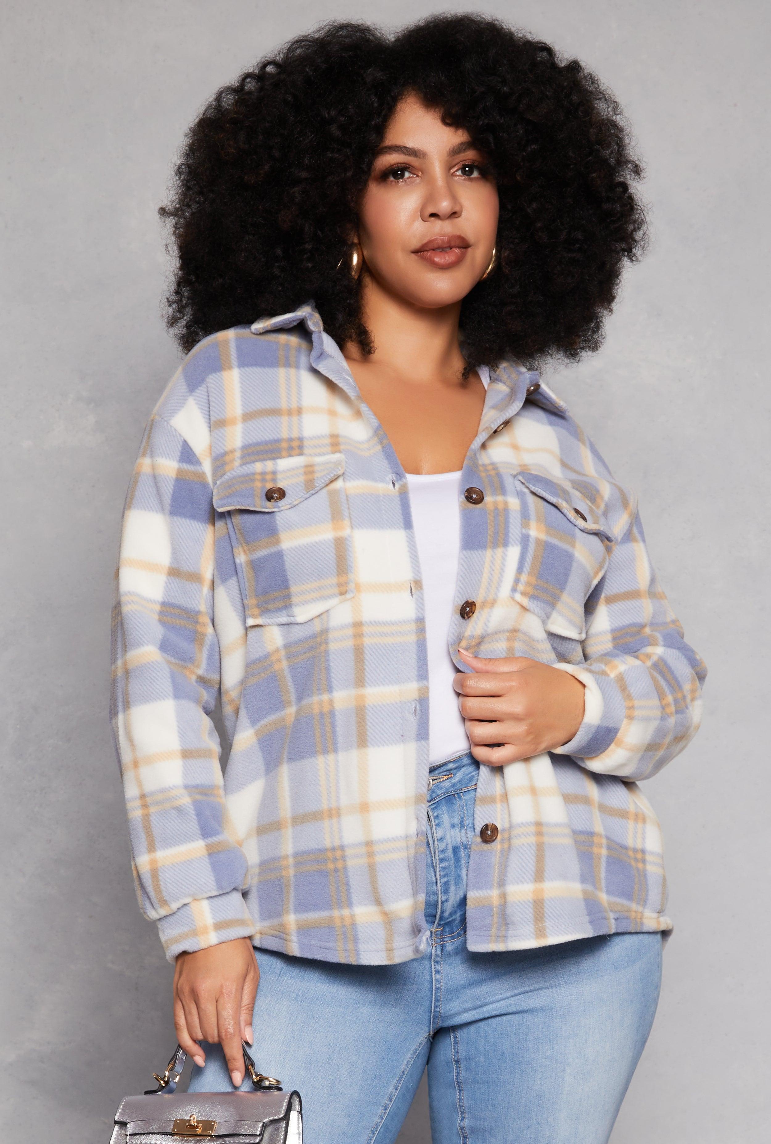 Womens Plus Size Plaid Fleece Button Front Shacket Product Image