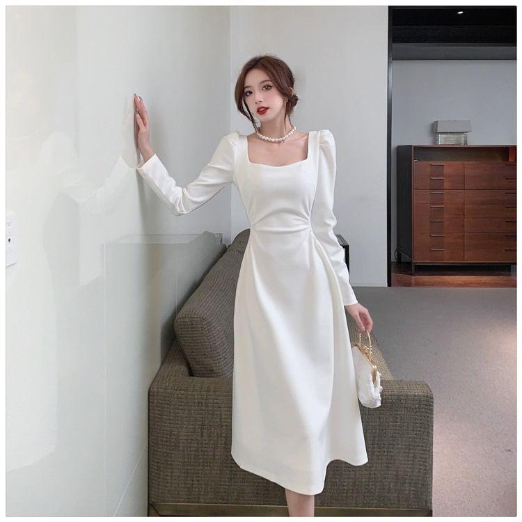 Long Sleeve Square Neck Plain Midi Dress Product Image