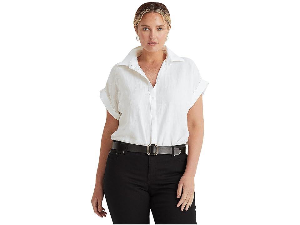 LAUREN Ralph Lauren Plus Size Linen Dolman-Sleeve Shirt (White) Women's Clothing Product Image