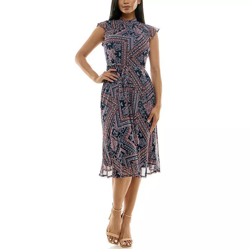 Womens Nina Leonard Smocked Chiffon Mesh Midi Dress Navy Blue Product Image