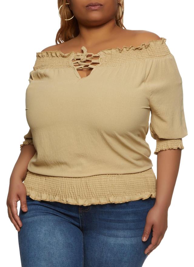 Womens Plus Size Lace Up Front Off the Shoulder Peasant Top Product Image