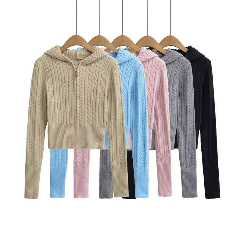 Hooded Cable Knit Zip Up Cropped Cardigan product image