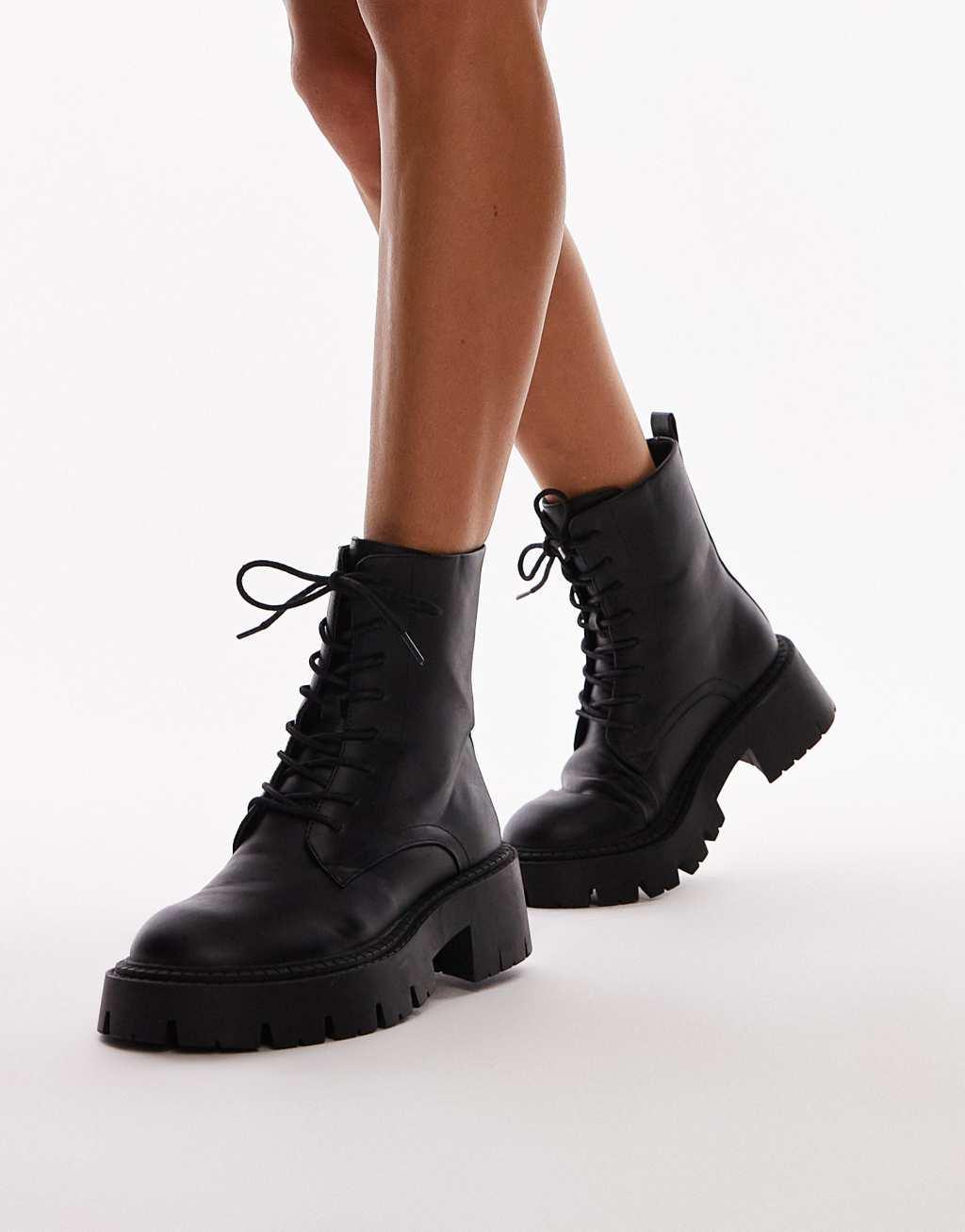 Topshop Lorelai chunky lace up boots in black Product Image