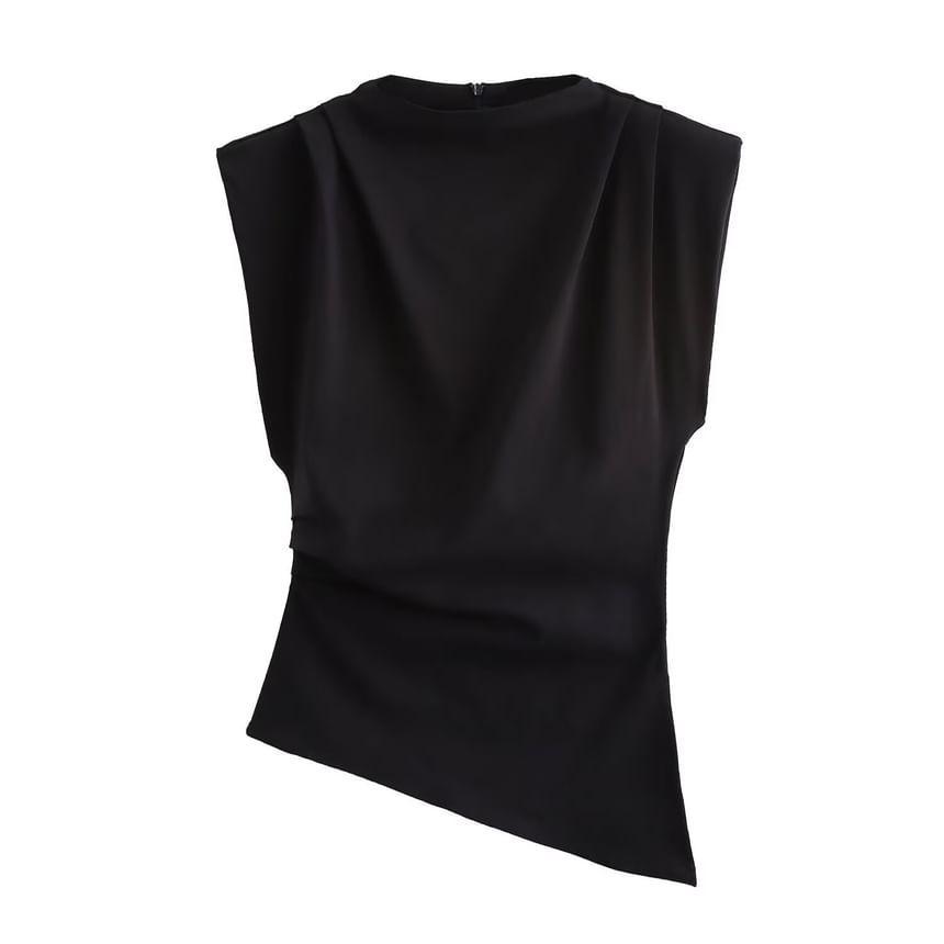 Sleeveless Mock Neck Plain Asymmetrical Ruched Top Product Image