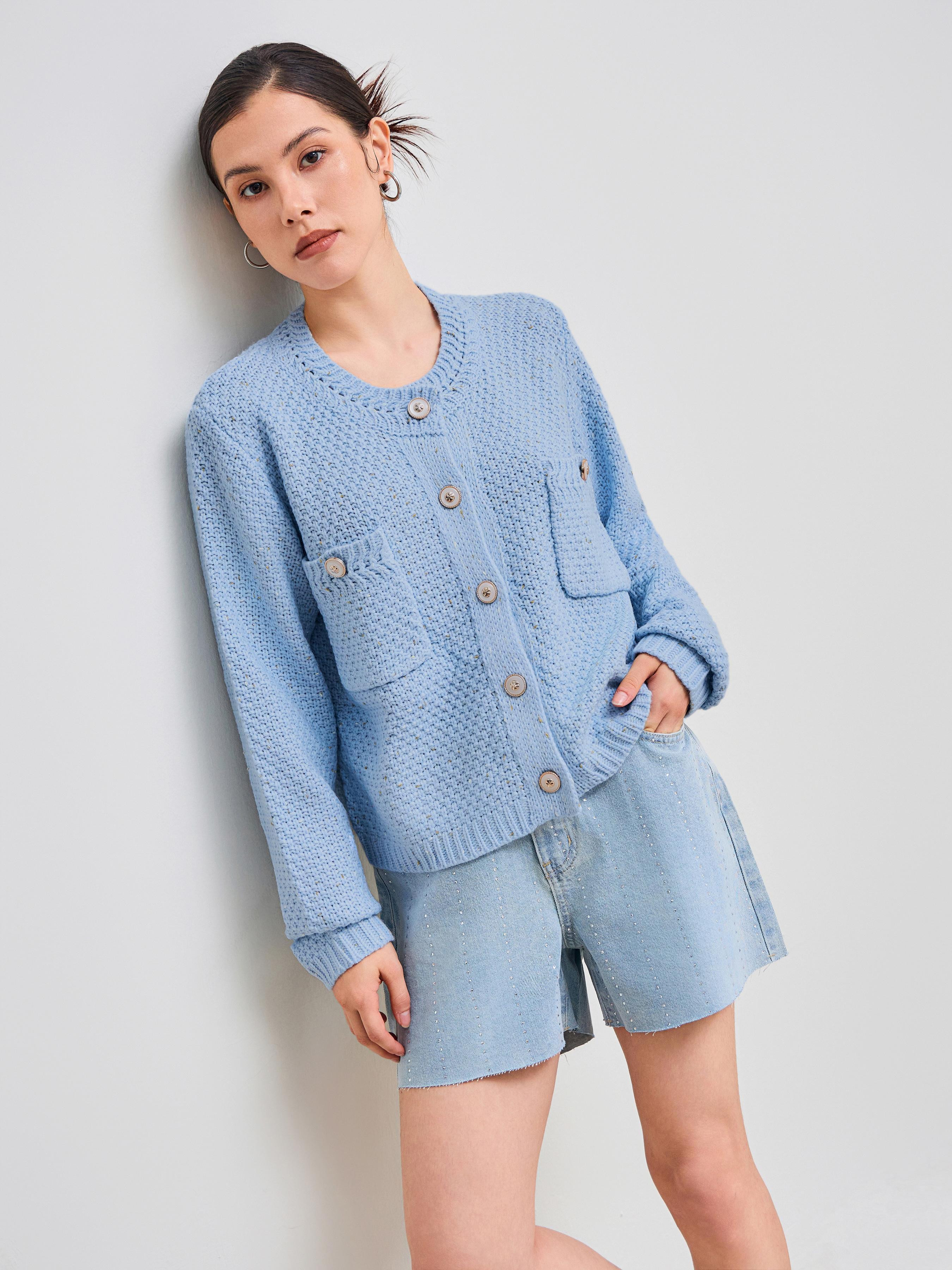 Knit Round Neckline Solid Button Pocket Cardigan Product Image