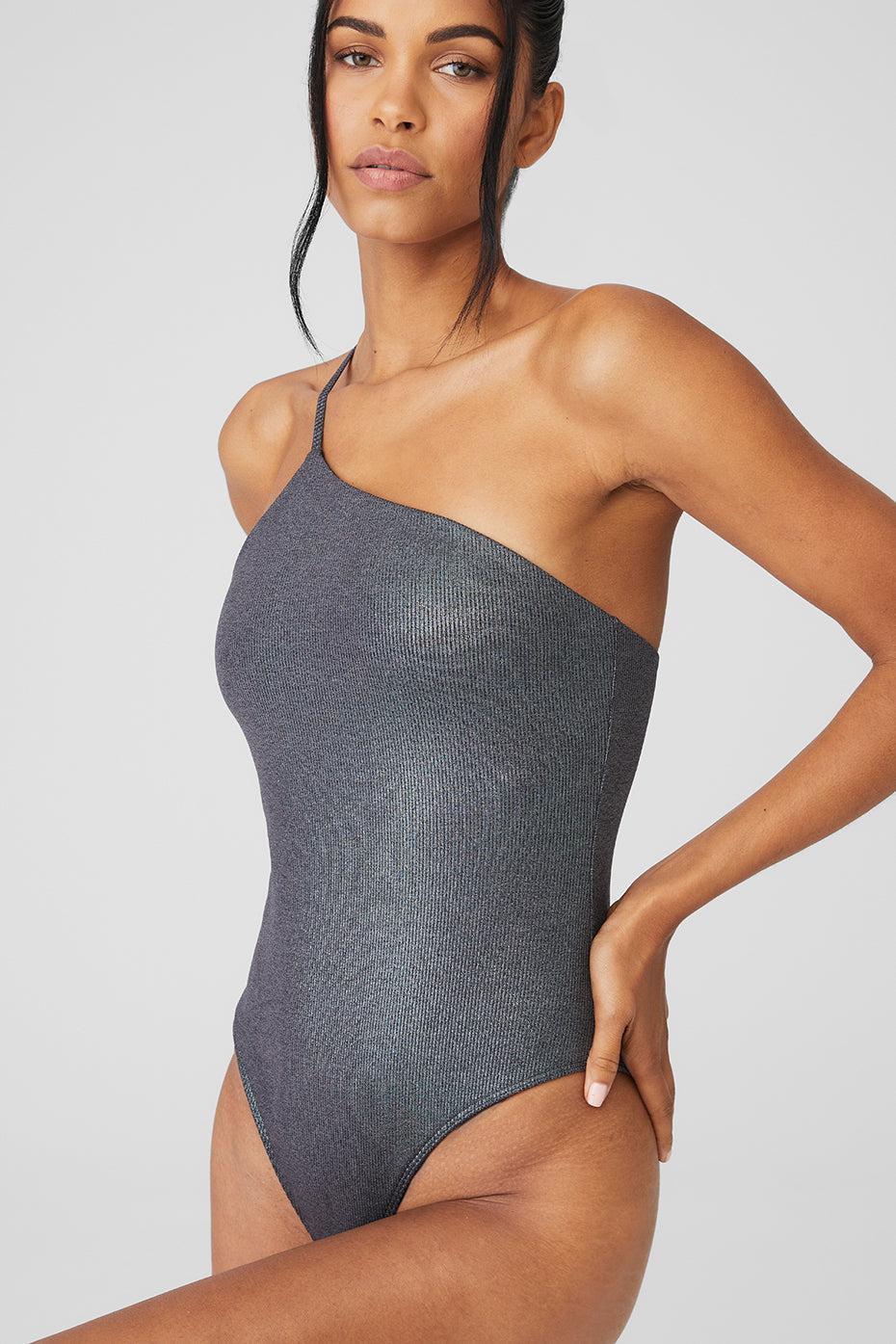 Alosoft Ribbed Shimmer Plie Bodysuit - Dark Grey Iridescent Product Image