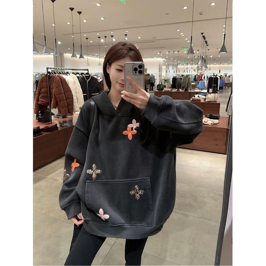 Flower Embroidered Pocket Detail Oversized Hoodie Product Image