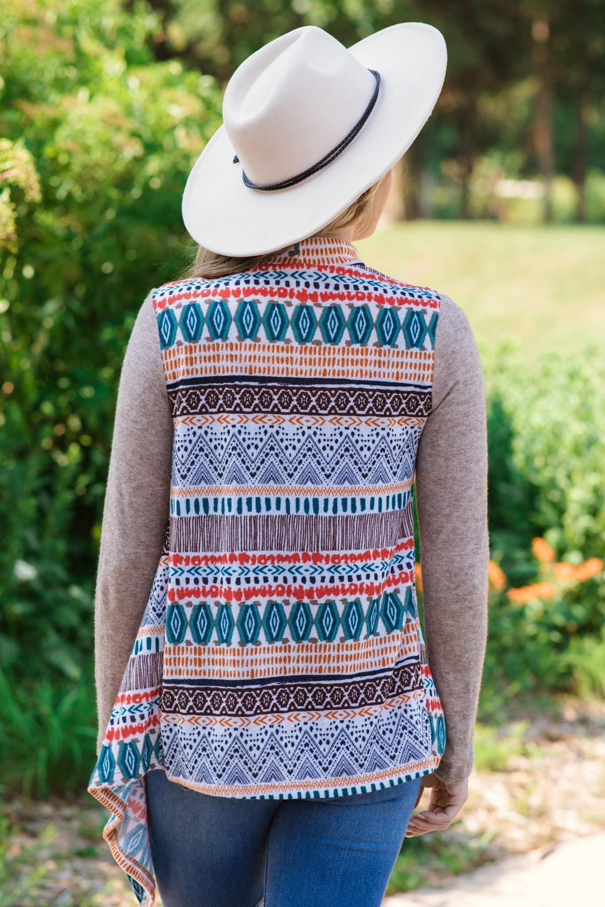 Taupe Multicolor Fringe Trim Aztec Cardigan Product Image