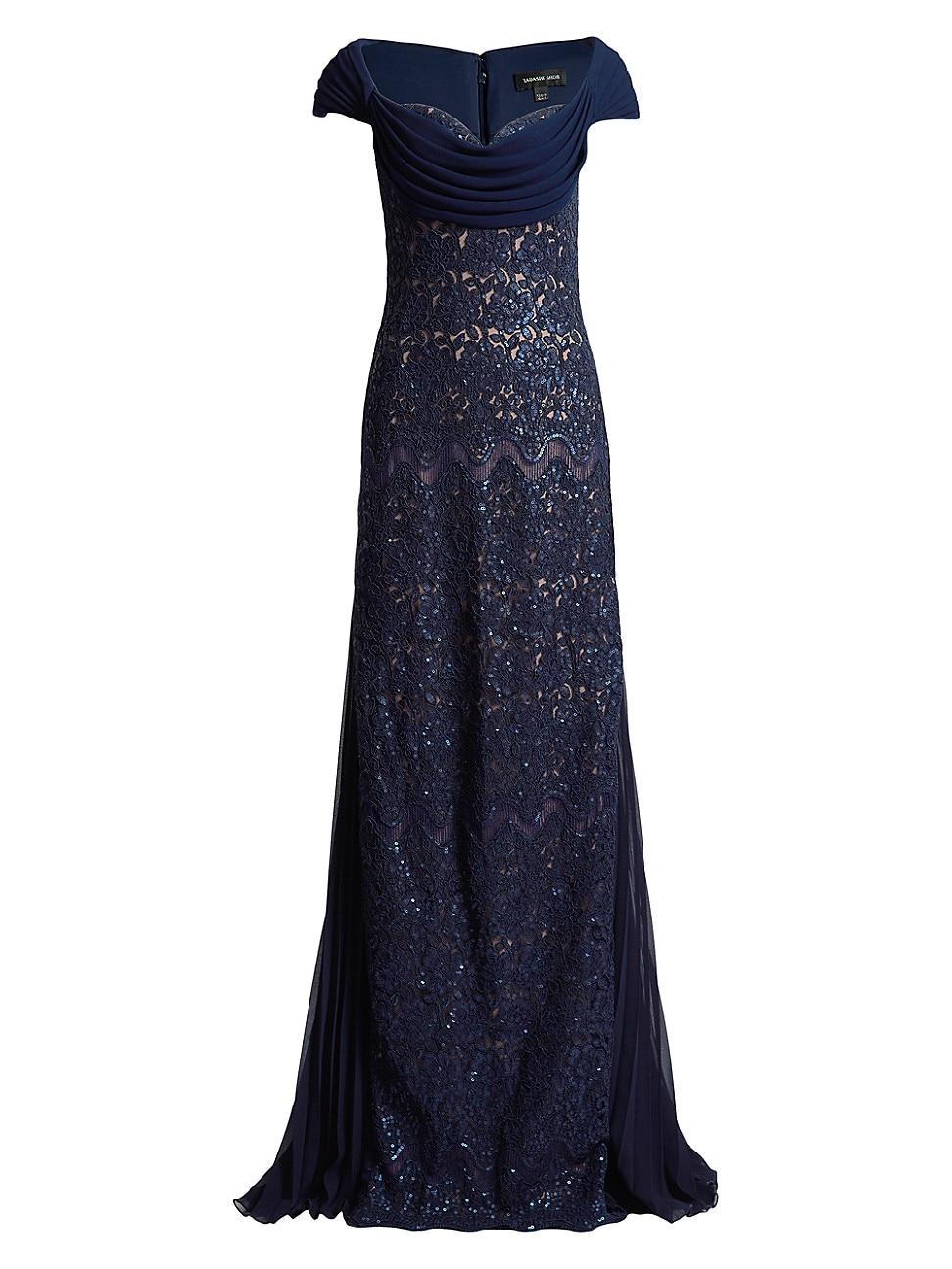 Womens Sequined Lace Draped A-Line Gown Product Image