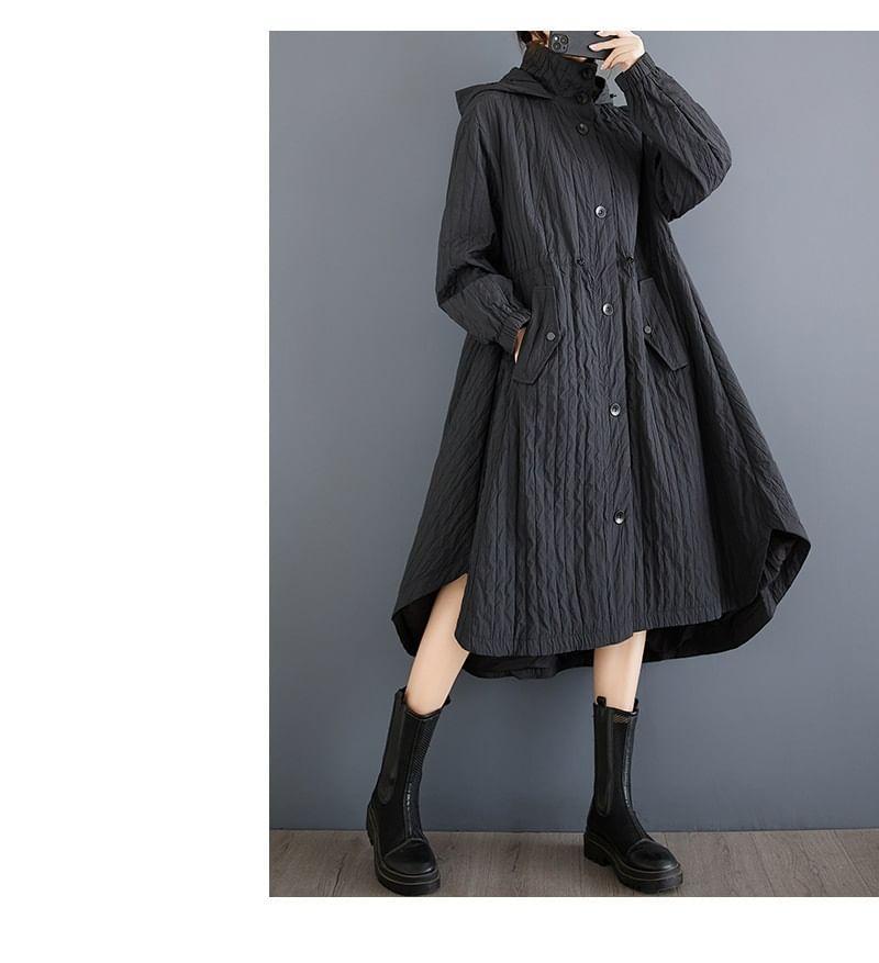 Stand Collar Plain Drawstring-Waist Hood Midi Button Trench Coat Product Image