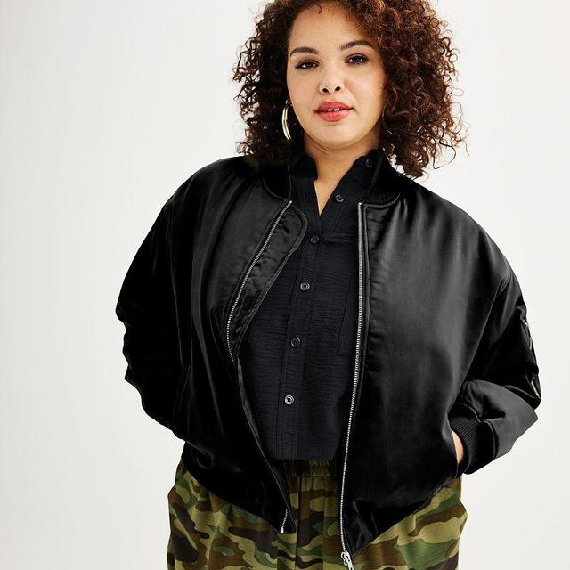 Plus Size INTEMPO Classic Satin Bomber Jacket, Womens Black Product Image