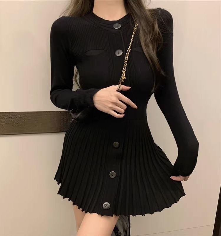 Long-Sleeve Crew Neck Plain Pleated Button-Up Mini A-Line Knit Dress Product Image