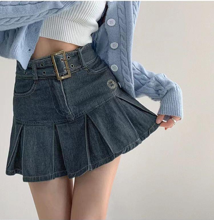 High Rise Belted Denim Mini A-Line  Skirt Product Image