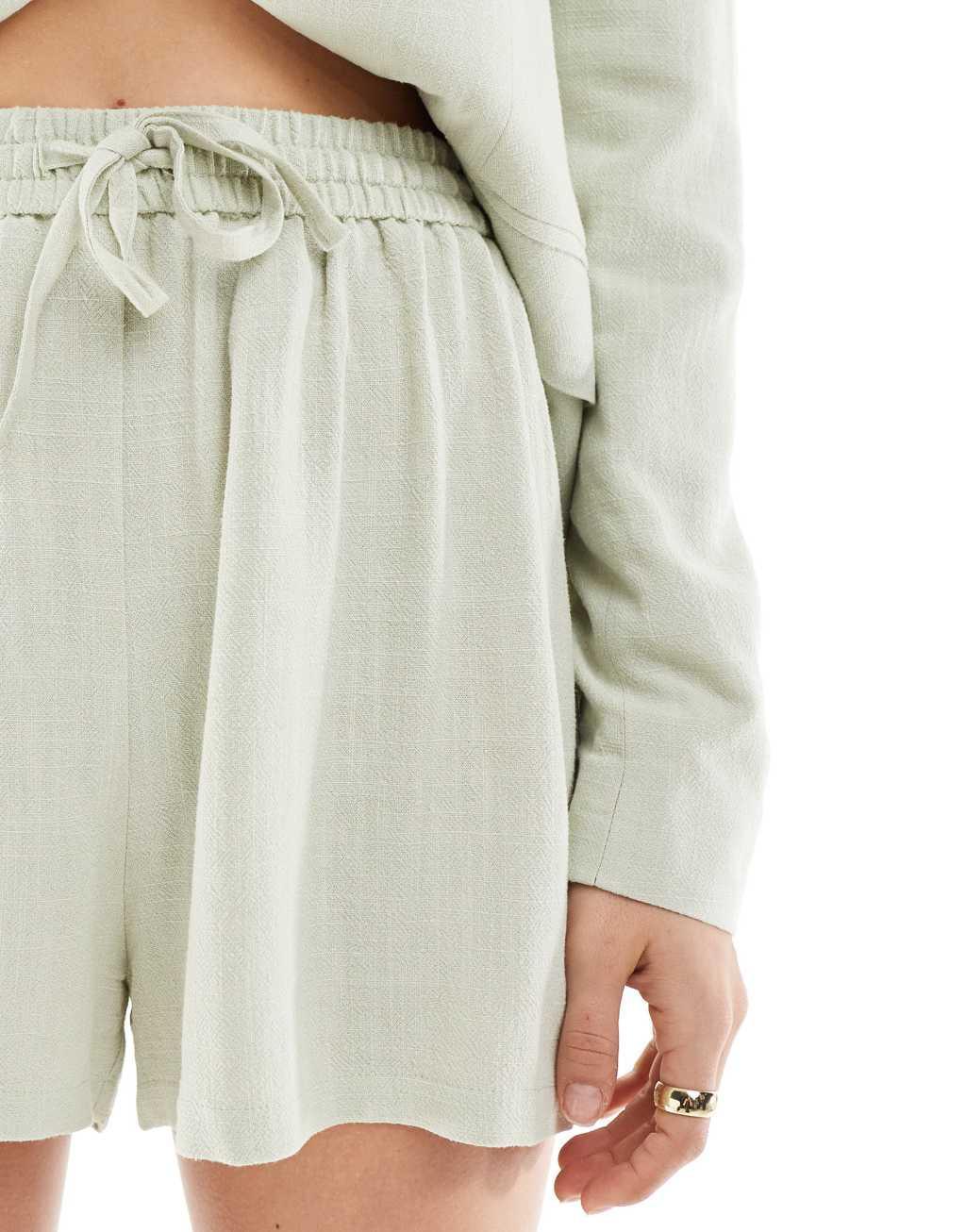 Miss Selfridge linen pull on shorts in sage green - part of a set Product Image