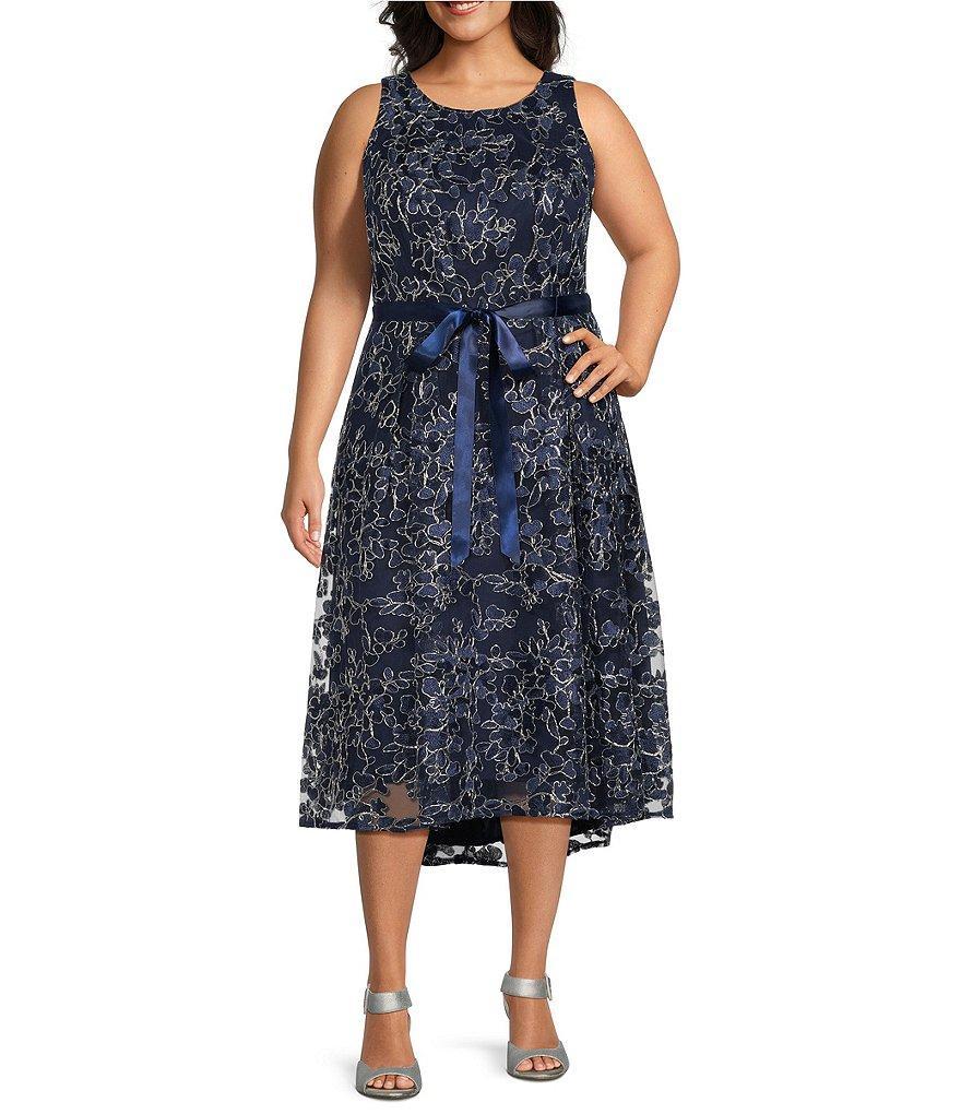 Alex Evenings Plus Size Floral Printed Stretch Tulle Sleeveless Scoop Neck High-Low Tie Waist Fit and Flare Dress Product Image