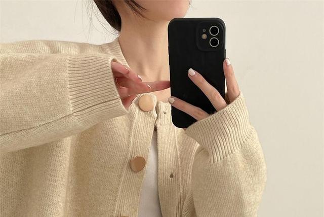 Round Neck Plain Button Oversized Cardigan Product Image