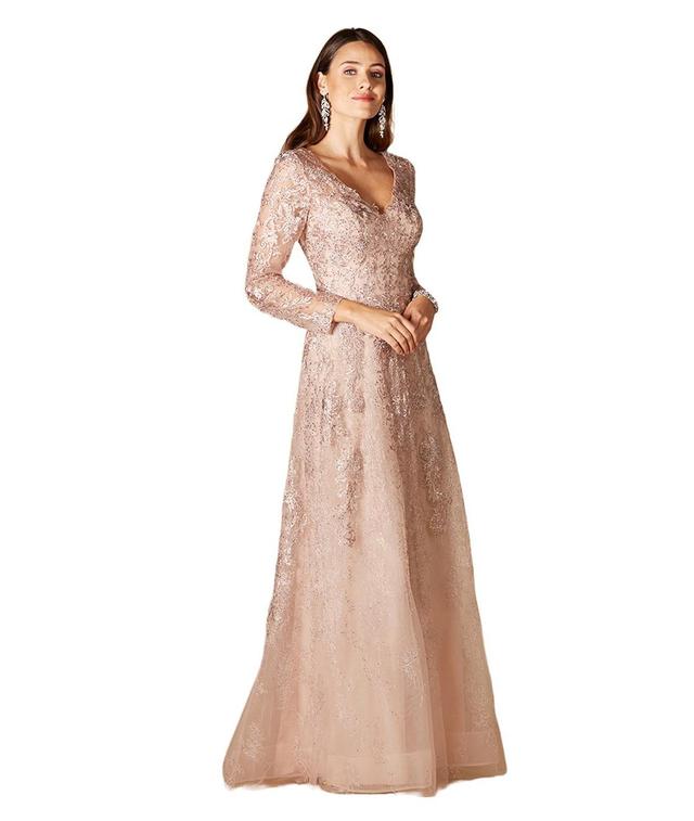 Womens Long Bell Sleeve V-Neck Beaded Gown Product Image