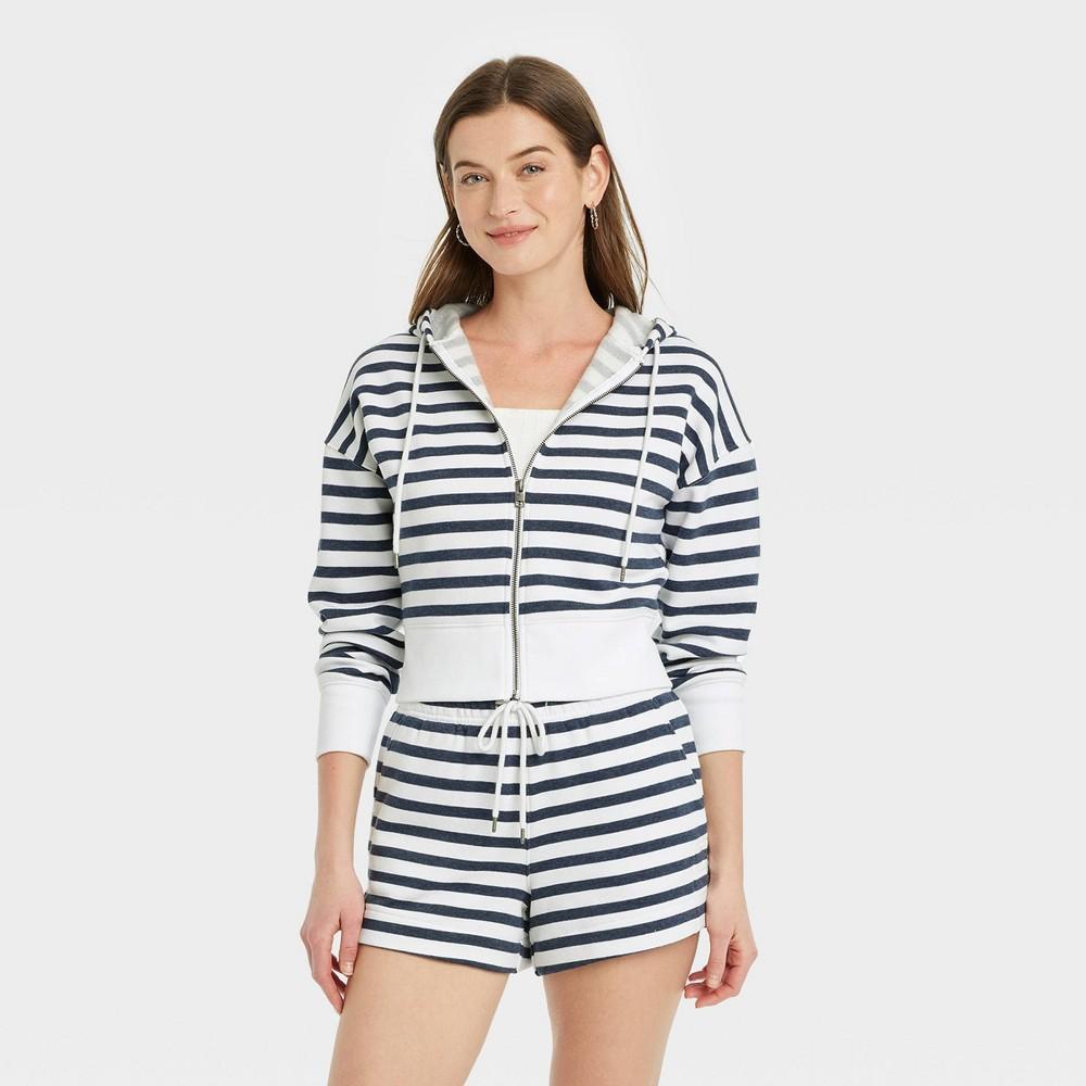 Womens Cropped Full Zip Hoodie Sweatshirt - Universal Thread Navy Blue Striped M Product Image