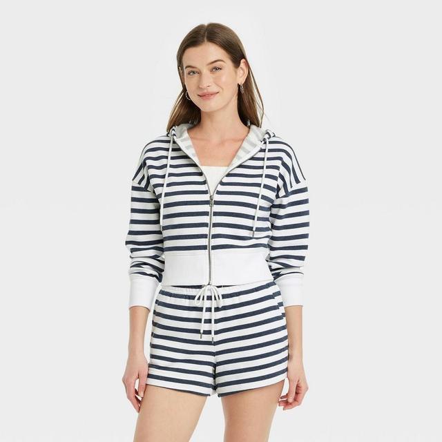 Womens Cropped Hooded Zip-Up Sweatshirt - Universal Thread Navy Blue Striped L Product Image