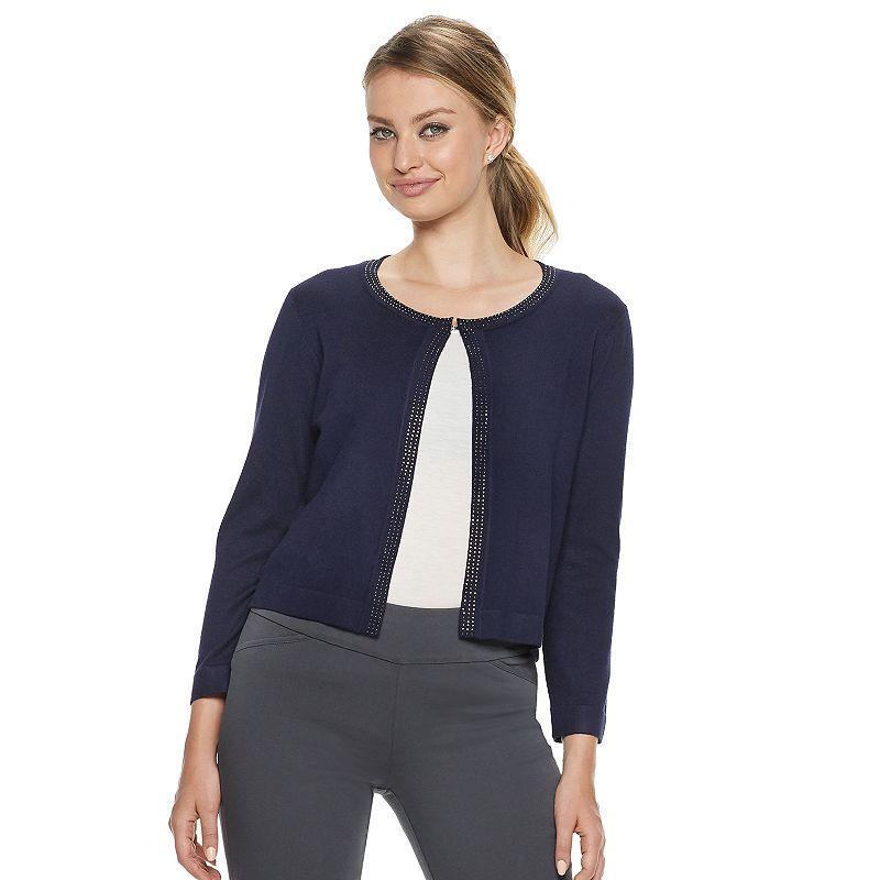 Womens Nina Leonard Embellished Crop Cardigan Blue Product Image