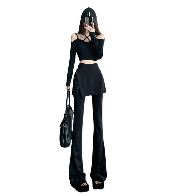 High Rise Plain Mock Two-Piece Flared Pants Product Image