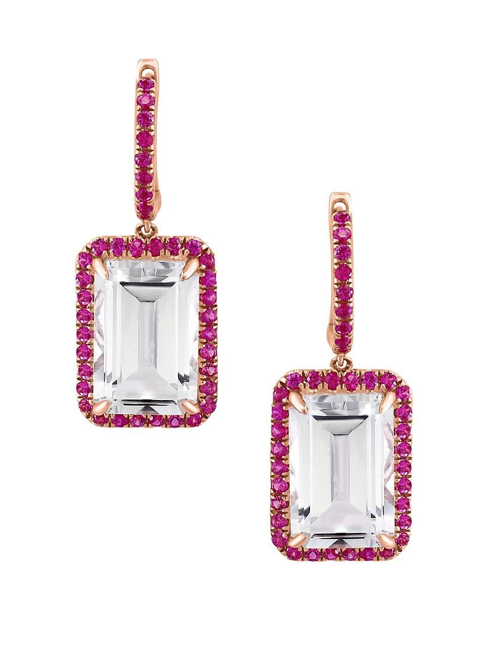 Womens 14K Rose Gold, White Topaz, & Pink Sapphire Drop Earrings Product Image