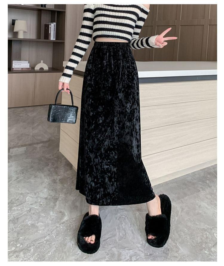 Elastic Waist Plain Velvet Maxi A-Line Skirt Product Image