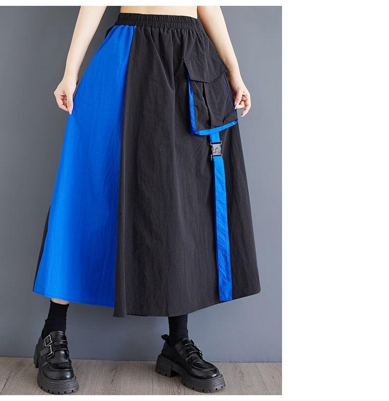 Set: Collared Two Tone Panel Zip Jacket + Elastic Waist Midi A-Line Cargo Skirt Product Image