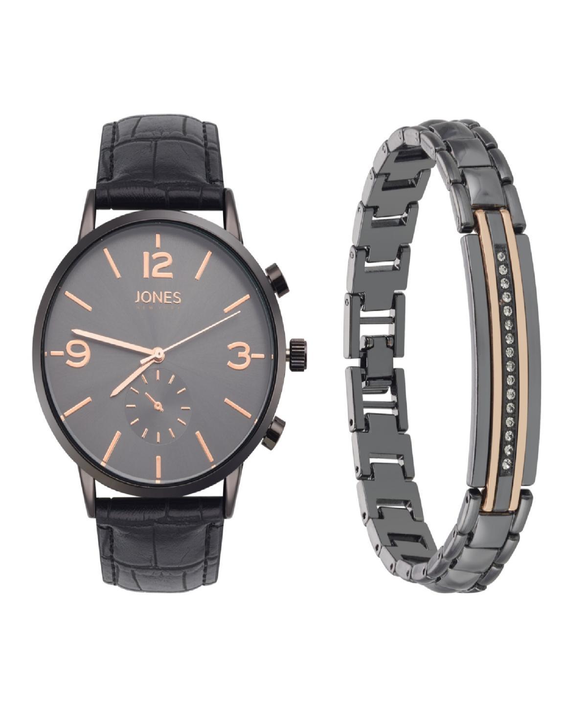 Jones New York Mens Analog Black Croc Leather Strap Watch 42mm Bracelet Gift Set Product Image