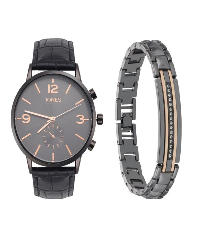 Jones New York Mens Analog Black Croc Leather Strap Watch 42mm Bracelet Gift Set Product Image