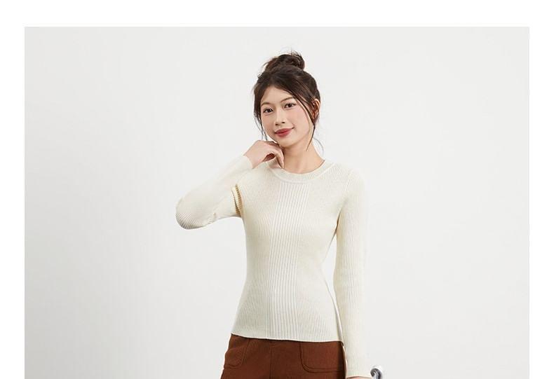 Long-Sleeve Round Neck Plain Ribbed Knit Top Product Image