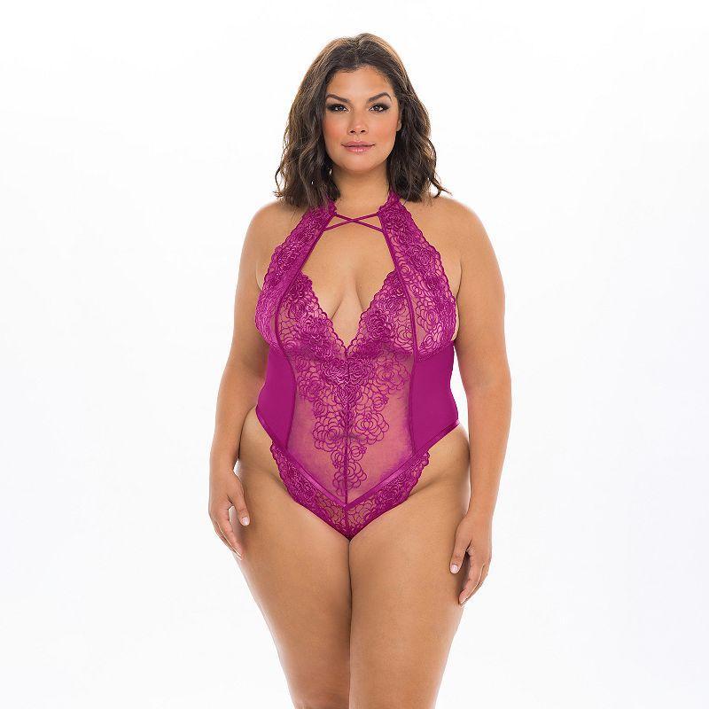 Plus Size High Neck Soft Embroidered Teddy with Crossing Elastic Details - Festival Fuchsia Product Image