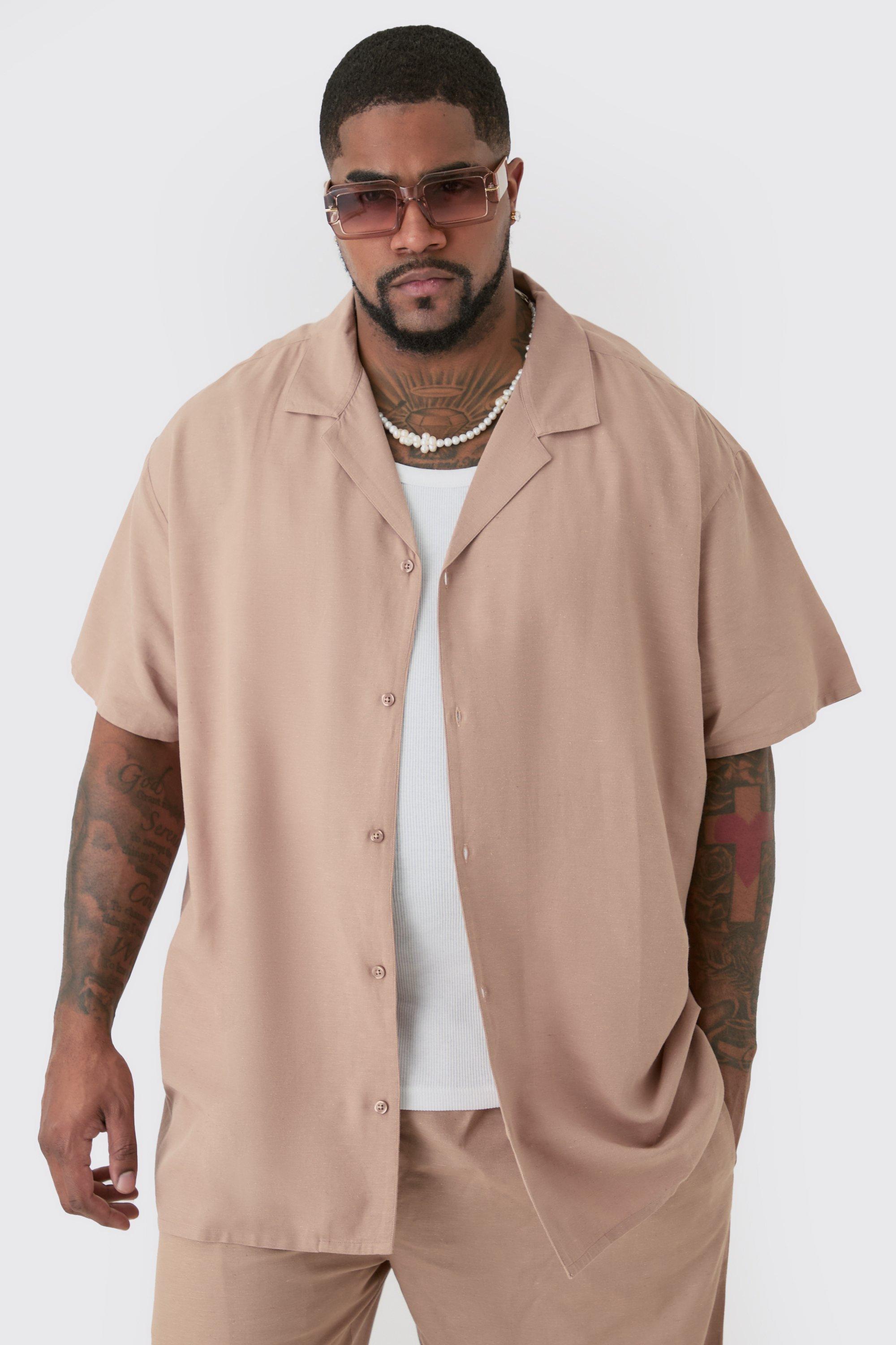 Mens Beige Plus Linen Drop Revere Shirt In Taupe, Beige Product Image