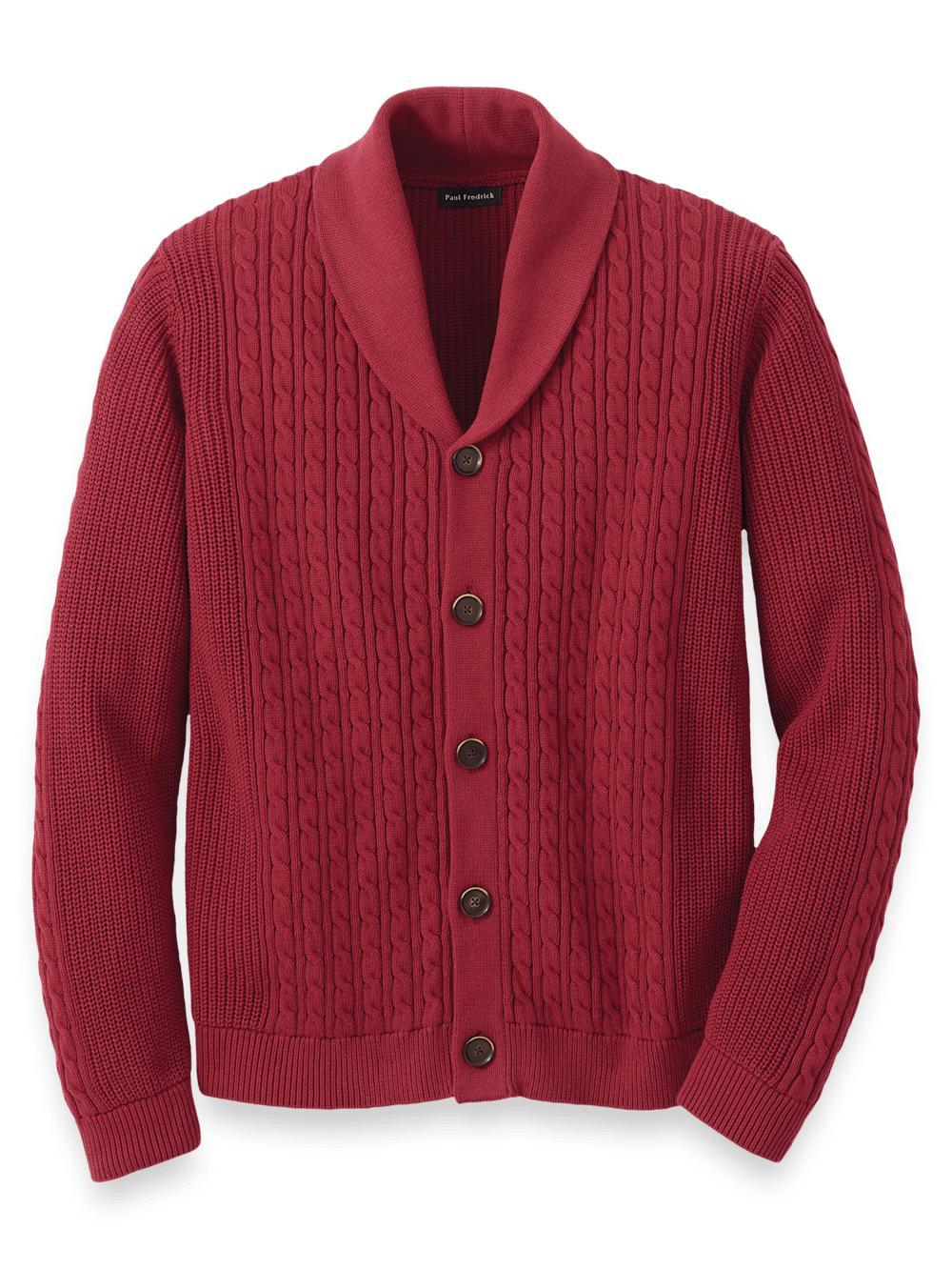 Cotton Cable Button Front Shawl Collar Cardigan - Burgundy Product Image