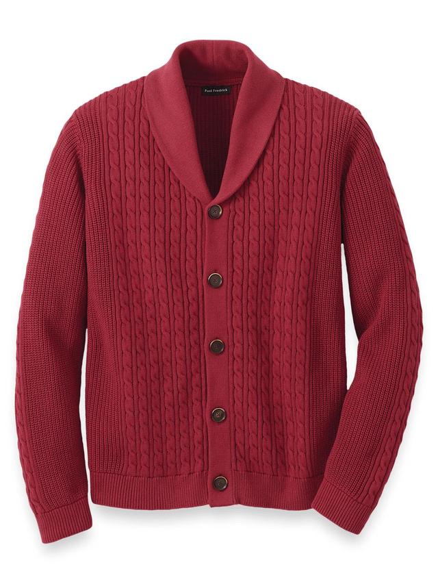 Cotton Cable Button Front Shawl Collar Cardigan - Burgundy Product Image