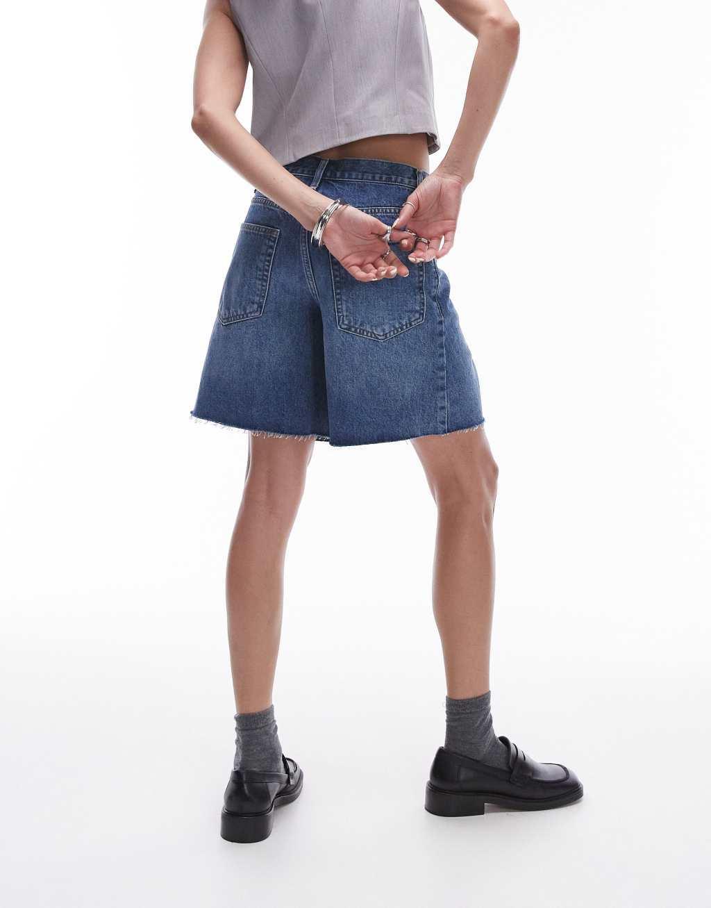 Topshop denim loose jorts in mid blue Product Image