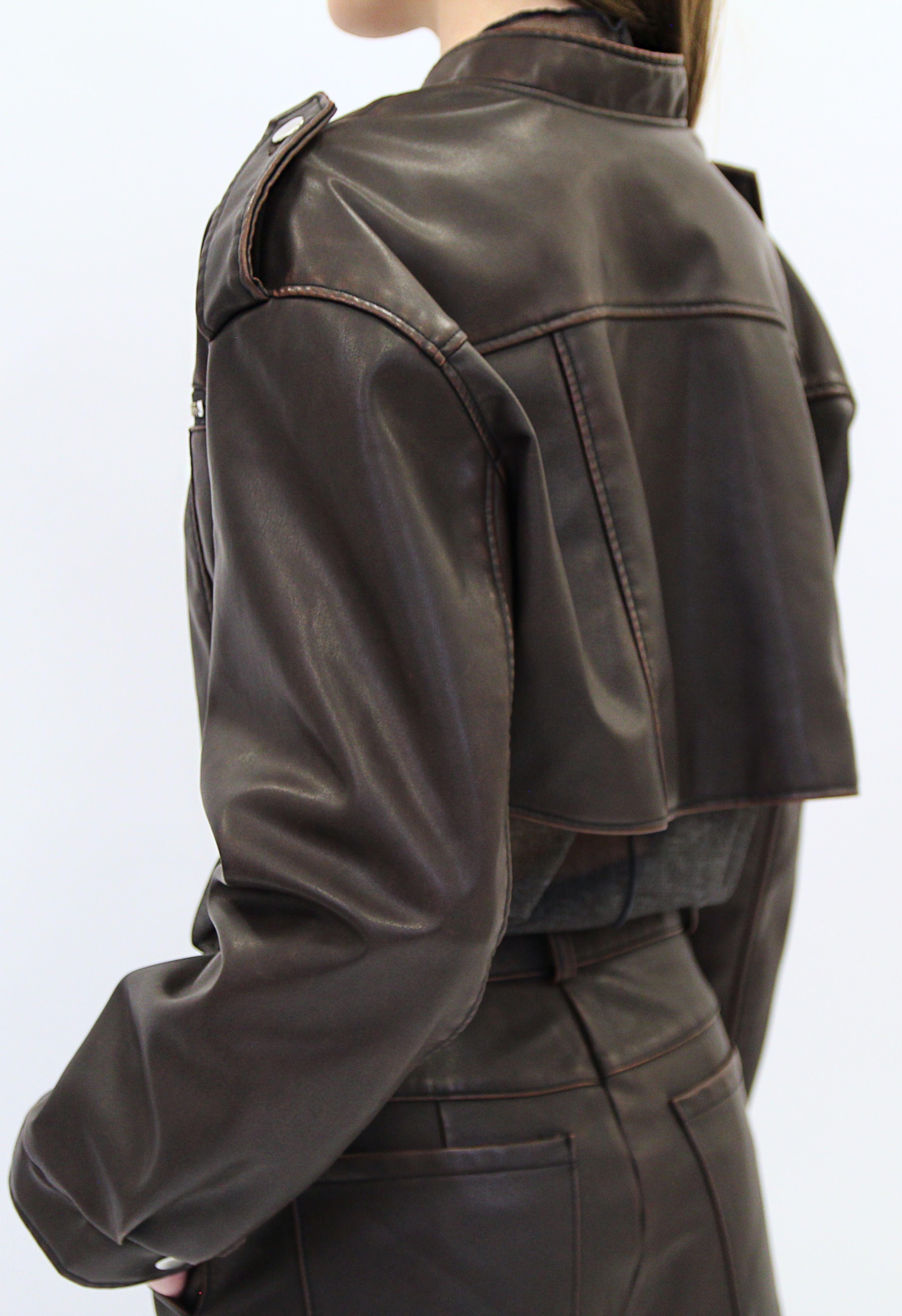 Brown Leather Cropped Jacket Product Image