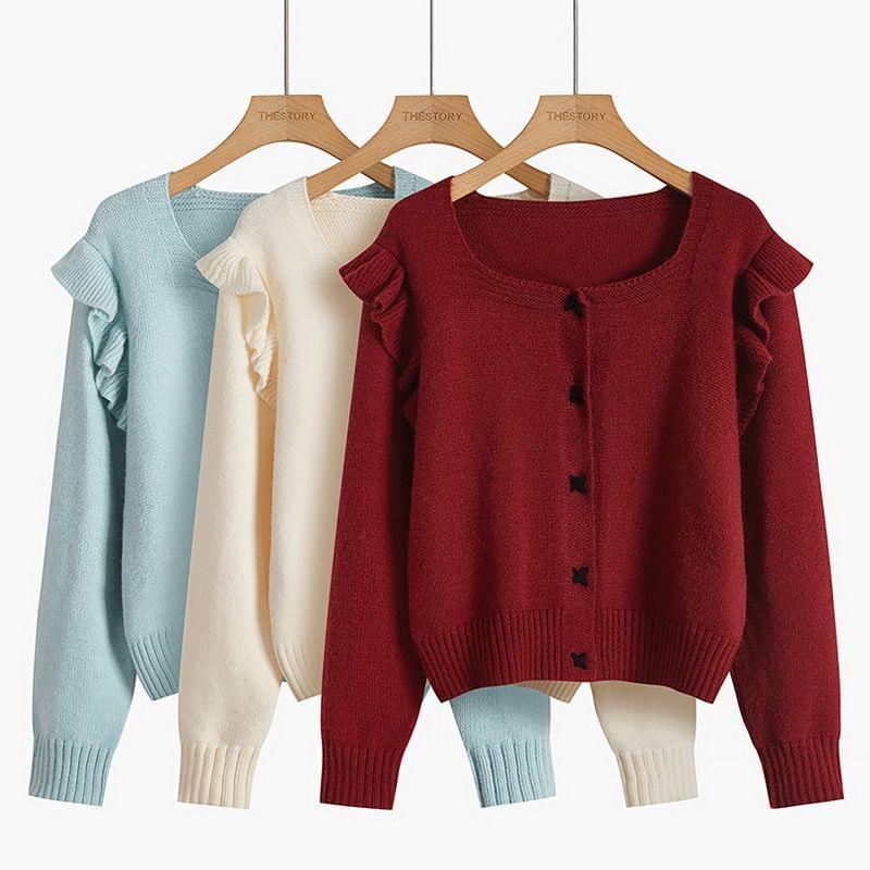 Long Sleeve Ruffled Plain Loose-Fit Cardigan Product Image